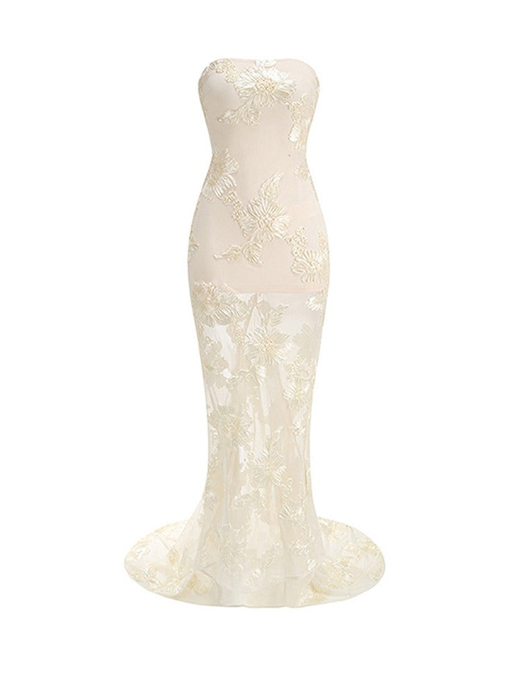 Strapless Embroidered See Through Trailing Skirt Maxi Dress