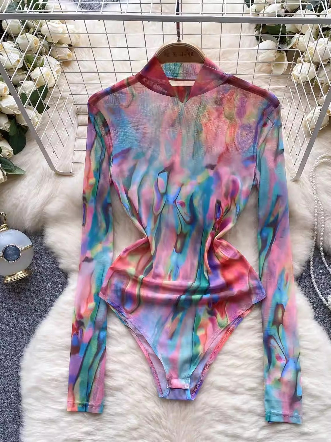 Colorful Turtleneck Tight Mesh Jumpsuit