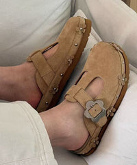 Casual Splicing Platform Khaki Faux Leather Slide Sandals