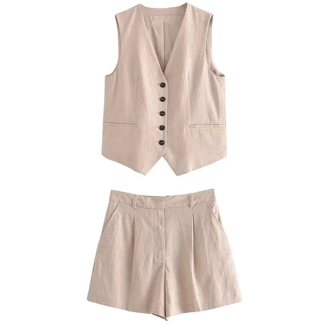 Solid Button Sleeveless Linen Vest + Shorts Set