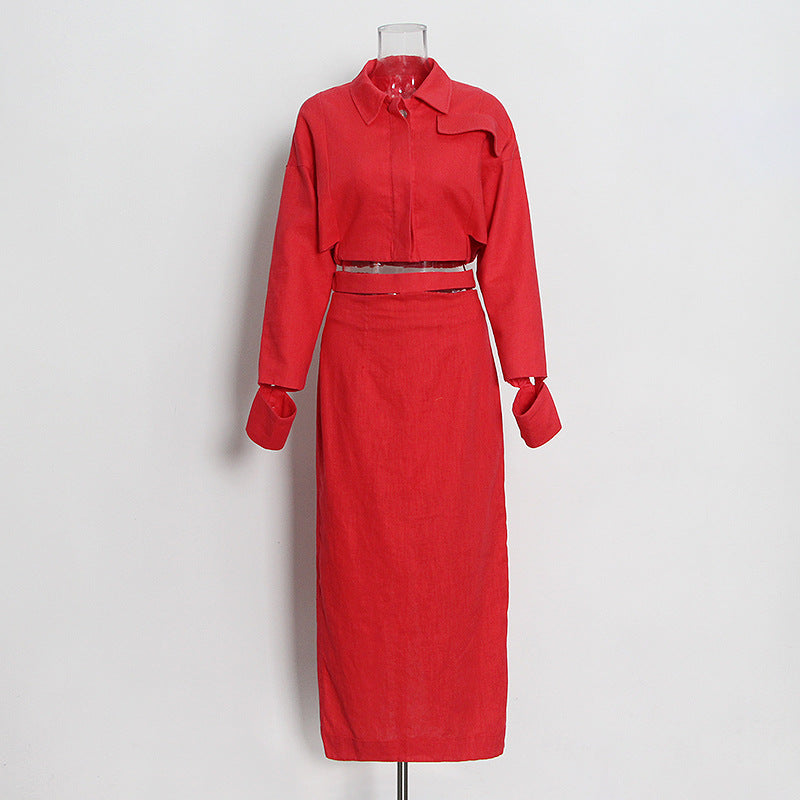 Cutout Cuffs Shirt+Slim Skirt Set