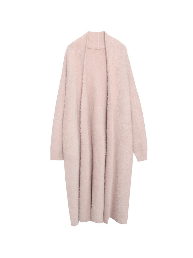 Knee-Length Faux Mink Fur Knit Cardigan