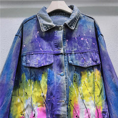 Diamond Studded Hand Drawn Graffiti Denim Jacket