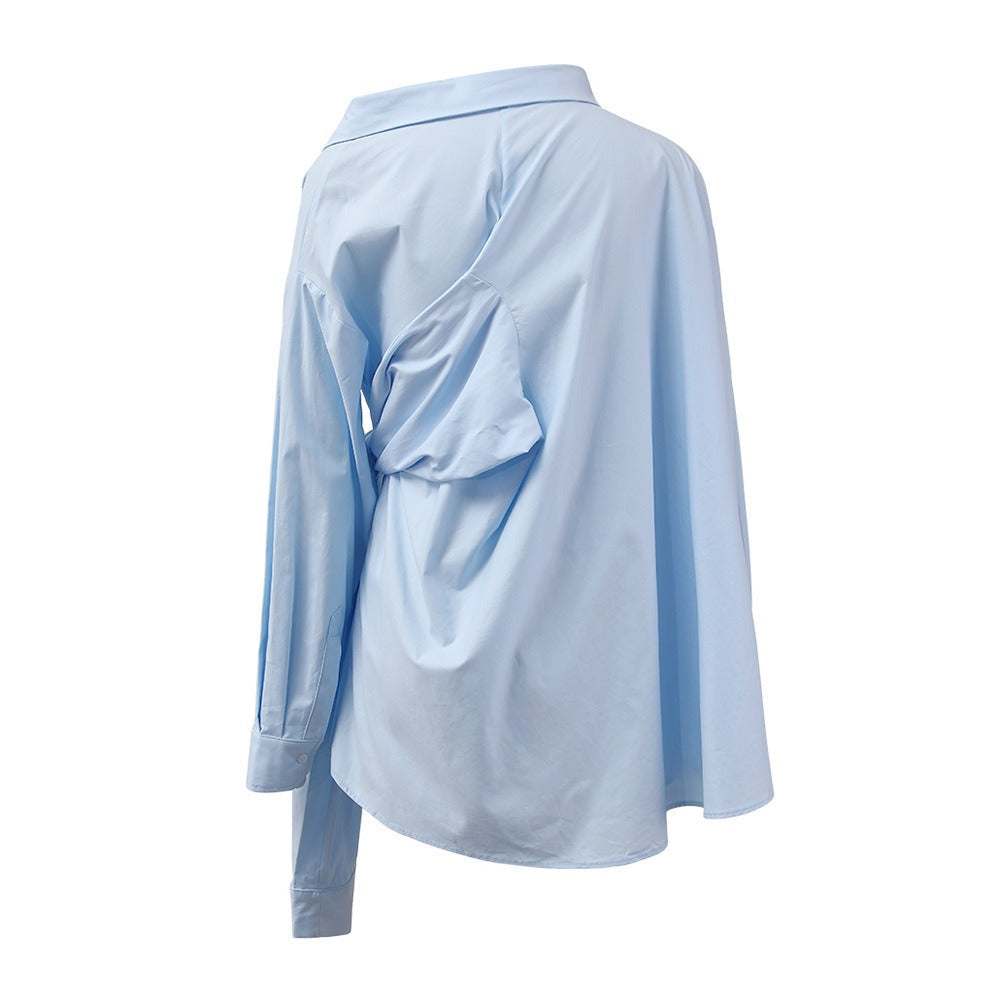 Slanted Collar Side Waist Knot Tie Blouse Top