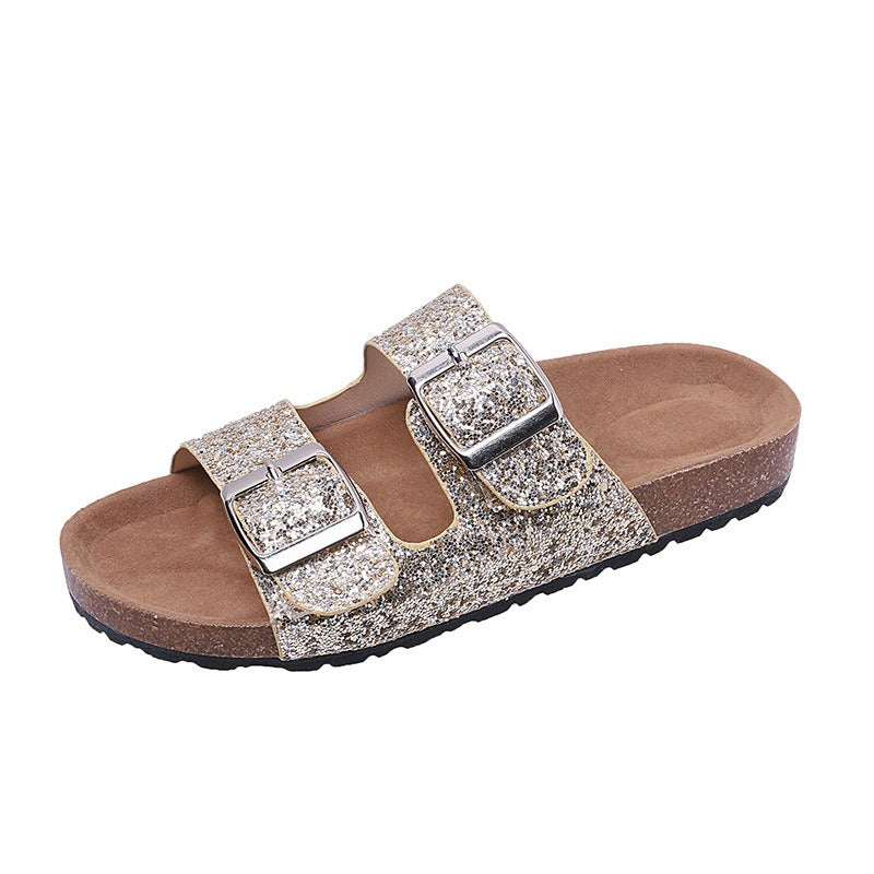 Buckle Strap Casual Print Cork Slippers