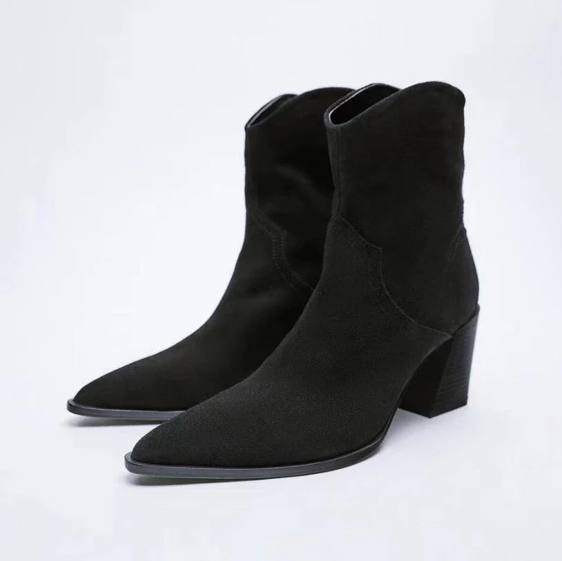 Retro Pointed Toe Chunky Heel Ankle Boots