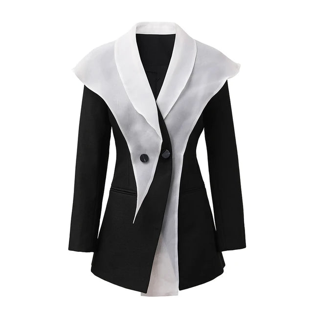 Color Blocked Patchwork Cape Waist Cinched Suit Jacket