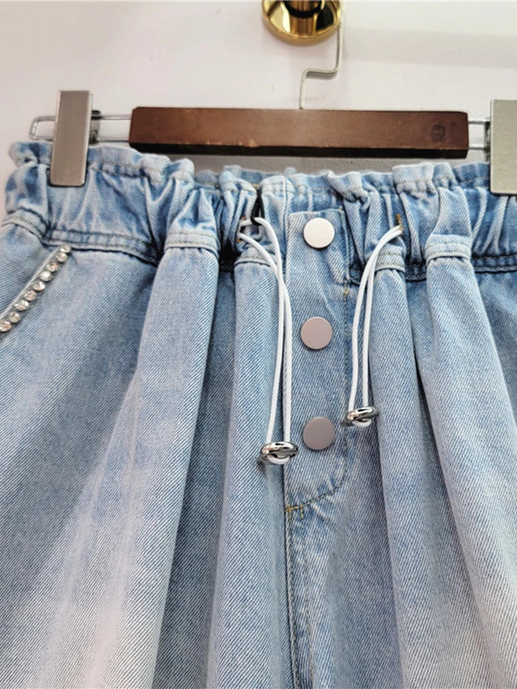 Diamond Studded High Waist Wide Leg Denim Shorts