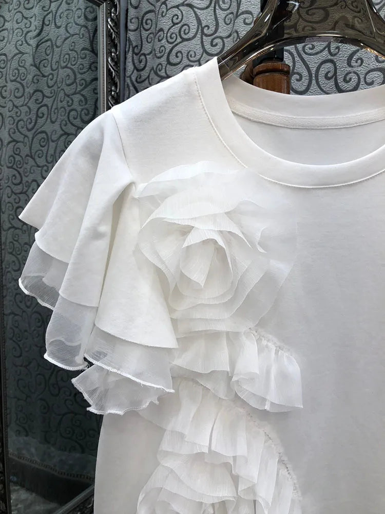 3D Flower Ruffled Edge Short Sleeve T-Shirt