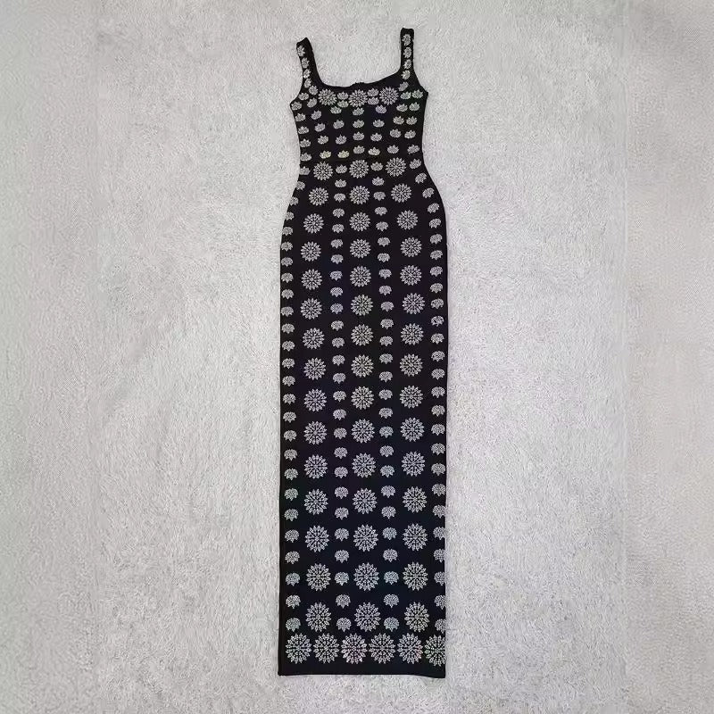 Diamond Embellishment Hip Wrapped Bandage Maxi Dress