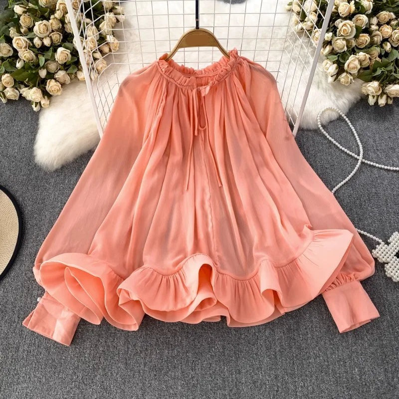 O-Neck Ruffled Long Sleeves Top