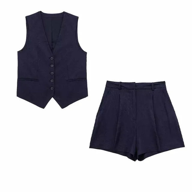 Solid Button Sleeveless Linen Vest + Shorts Set