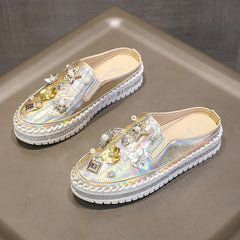Thick-Soled Rhinestone Casual Slip On Round Toe Loafers