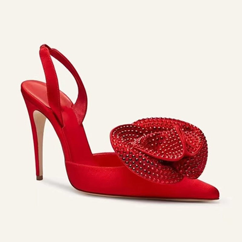 Pointed Toe Stiletto Rose Rhinestone Satin Sandals