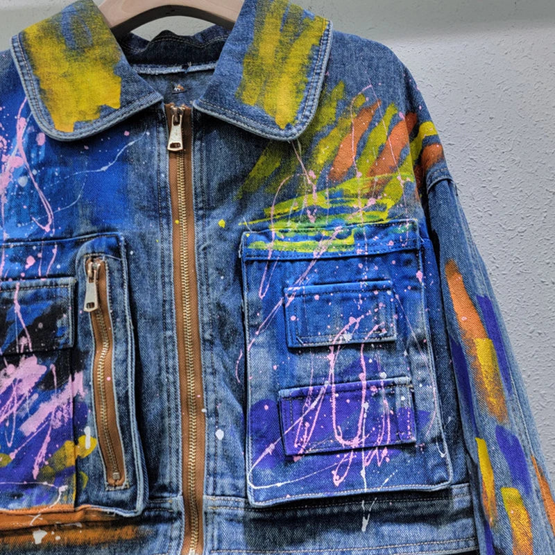 Hand Drawn Graffiti Denim Loose Short Jacket