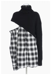 Plaid Spliced Knitted Shirt Dress