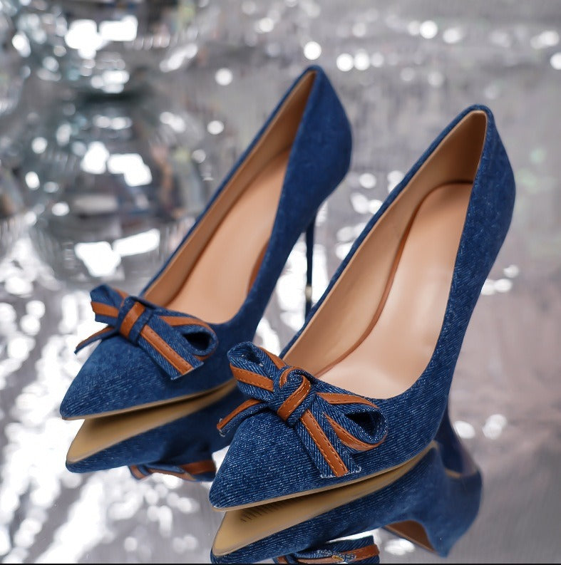 Denim Bow Shallow Cut Stiletto Pumps