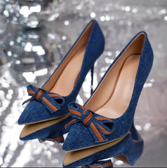 Denim Bow Shallow Cut Stiletto Pumps