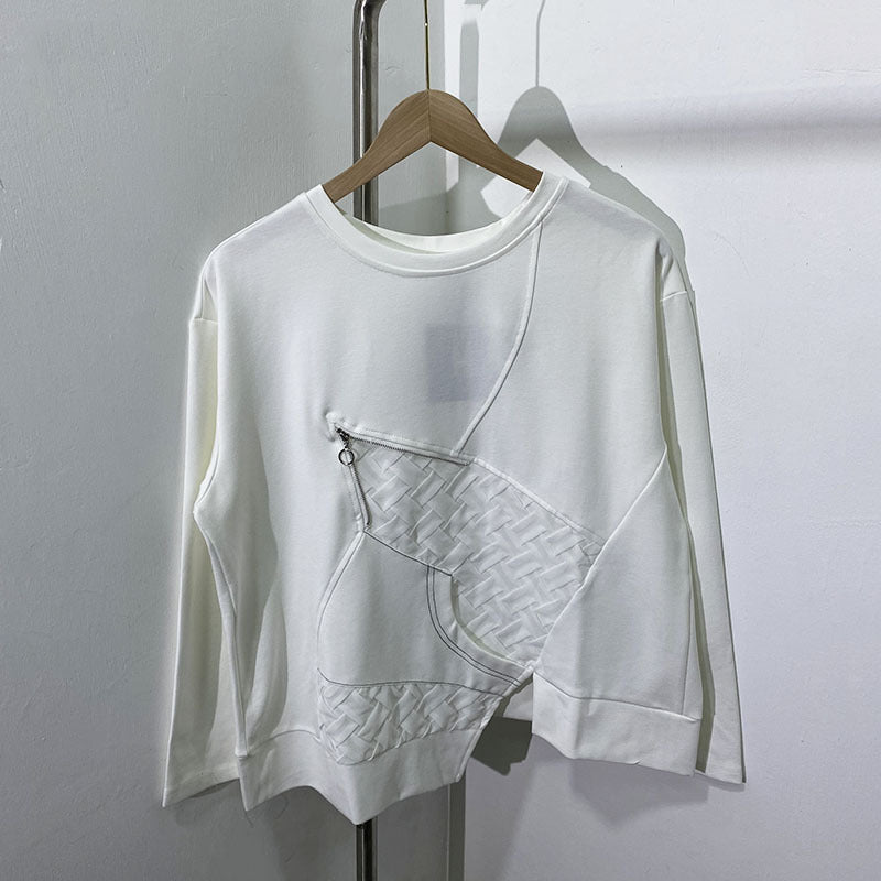 Round Neck Long Sleeved Irregular Hem Patchwork Top