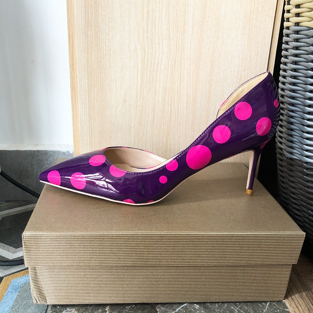 Polka Dots Purple Patent Stiletto Pumps