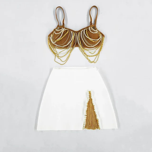 Pearl Chain Short Top + Short Bandage Skirt Set