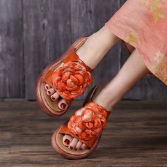 Women Vintage Leather Floral Platform Slippers