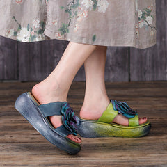 Women Vintage Leather Floral Platform Slippers