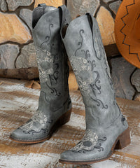 Boho Embroidery Solid Chunky Boots Grey Faux Leather