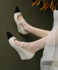 Classy Black Cowhide Leather Wedge Heels Shoes Splicing Buckle Strap