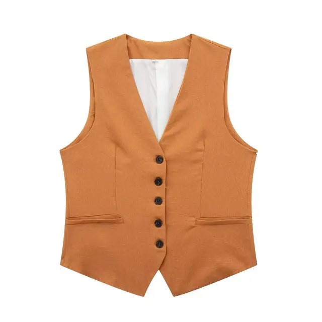 Solid Button Sleeveless Linen Vest + Shorts Set