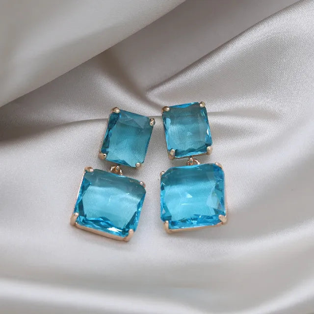 Double Square Crystal Pendant Drop Earrings