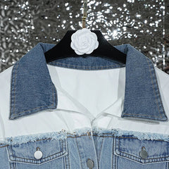 Denim Patchwork White Long Sleeve Collar Shirt
