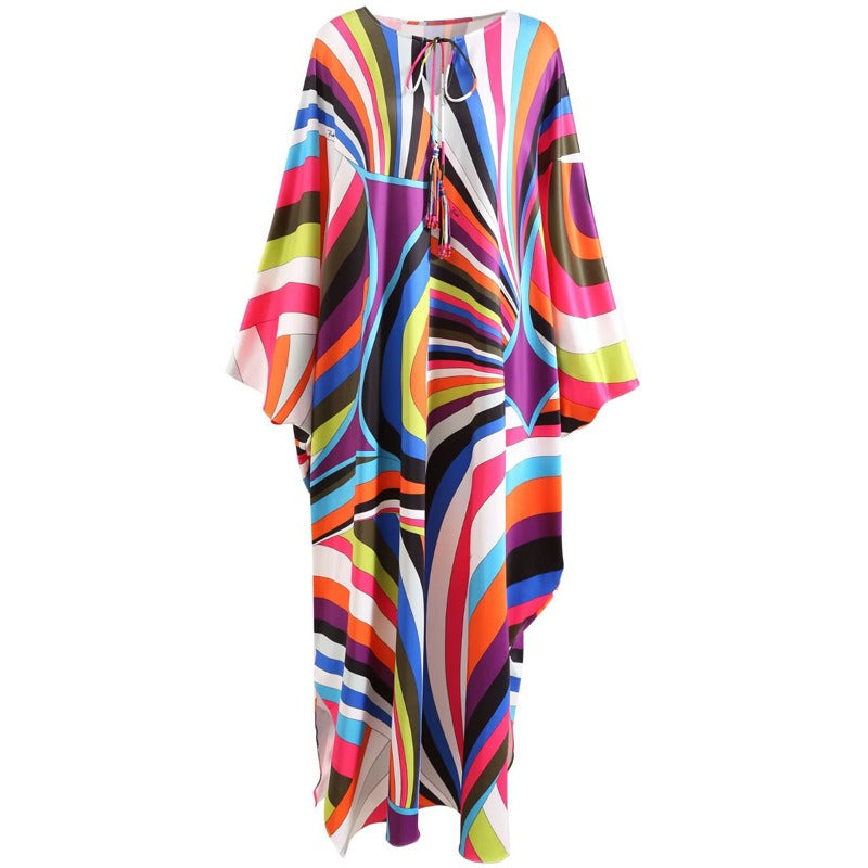 Colorful Striped Round Neck Beaded Knit Silk Long Dress