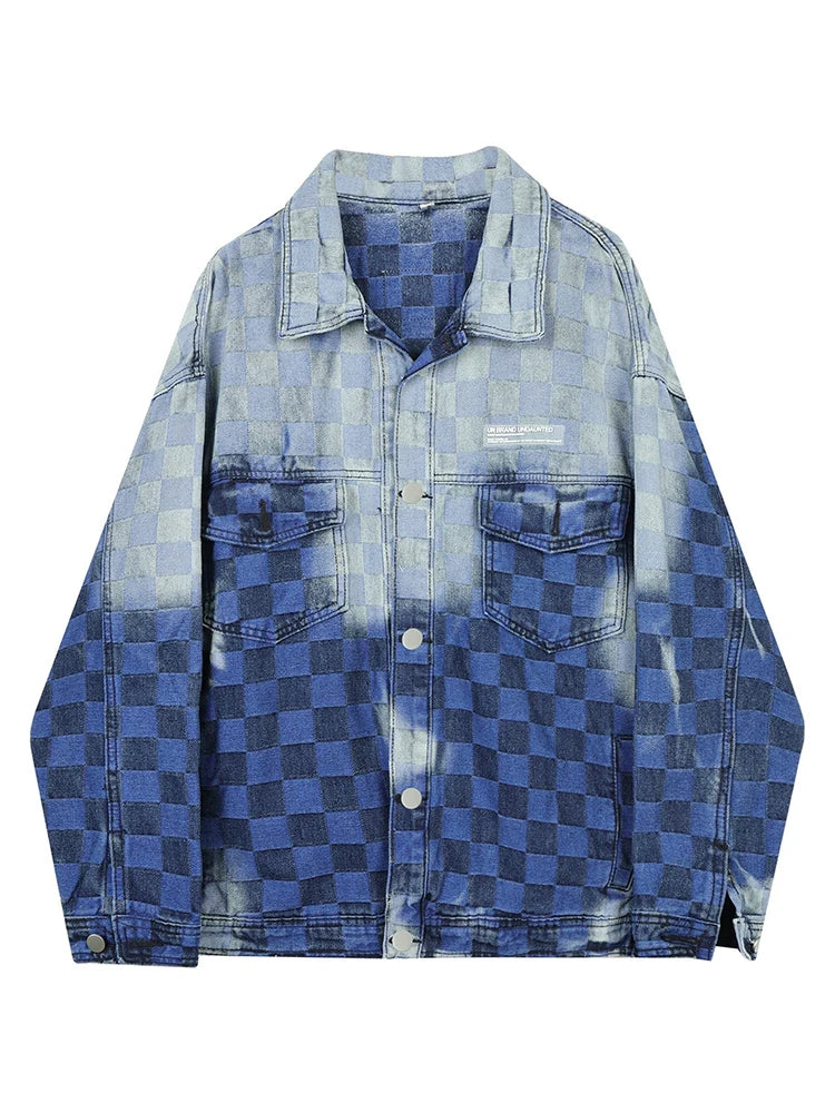 Casual Acid Wash Checkered Loose Jacket