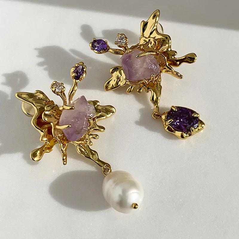 Pearl Crystal Pendant Asymmetrical Earrings