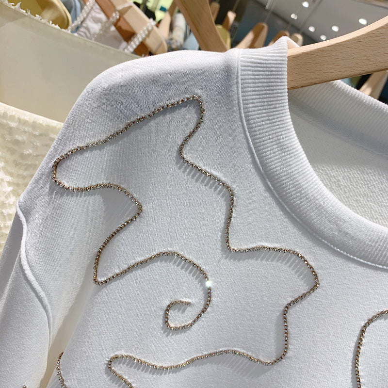 White Beaded Rhinestones Round Neck Sweater