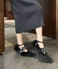 Brown Fuzzy Fur Shoes Splicing Stylish Buckle Strap