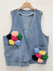 Denim Waistcoat Spliced Flowers Loose Vest