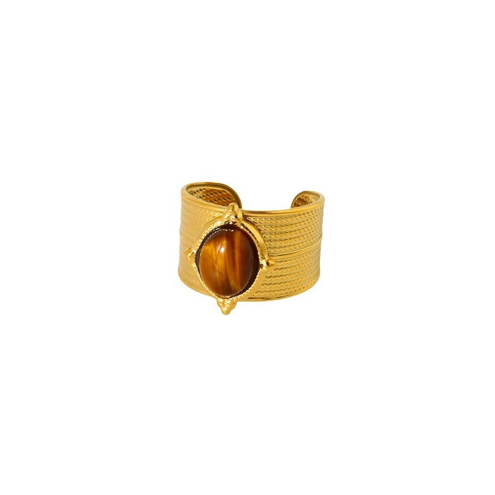 Retro Gold-Plated Tiger Eye Marble C-Shaped Open Ring