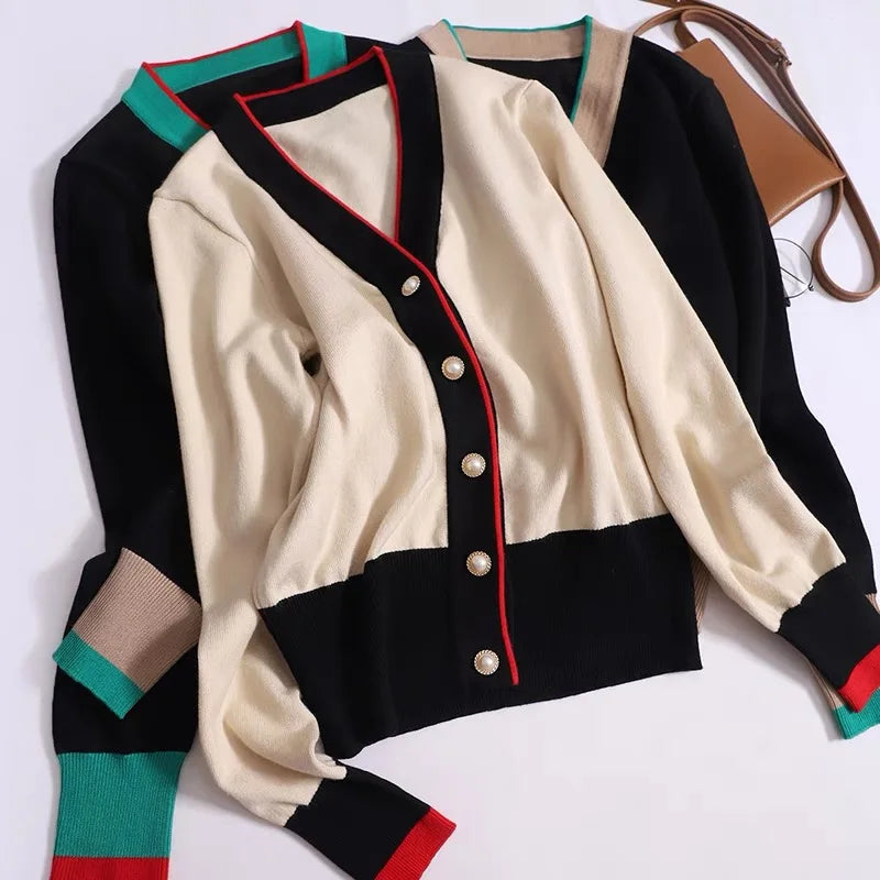 Contrast Tri-Color Knit Cardigan