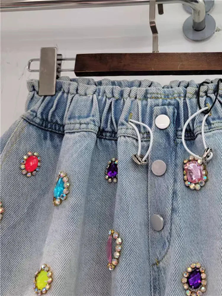 Gemstone High Waist Denim Short Pants