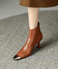 Brown High Heel Cowhide Leather Handmade Classy Splicing Boots