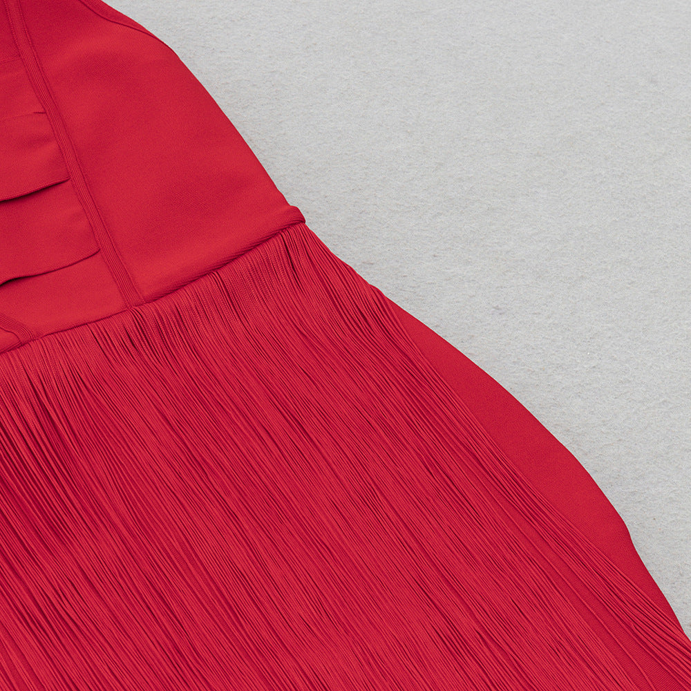 Hollowed-Out Tassel Mid-Back Dress