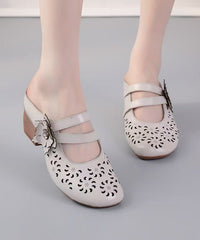 Boho Cowhide Leather Splicing Brown Slide Sandals Hollow Out