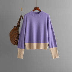 Round Neck Loose Color Block Knitted Sweater
