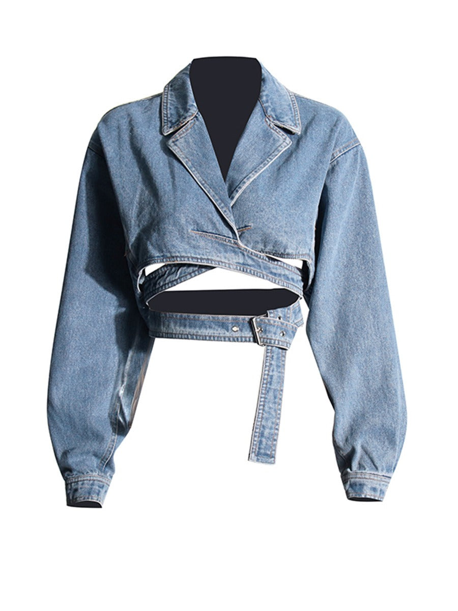 Cross Layered Hollow Waist Denim Jacket