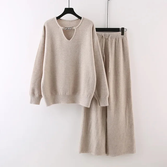 V-Neck Chain Loose Top + Drawstring Pants Set
