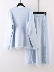 Solid Woven Loose Cardigan + Woven Skirt Set