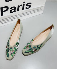 Chinese Style Green Satin Embroidered Flat Feet Shoes