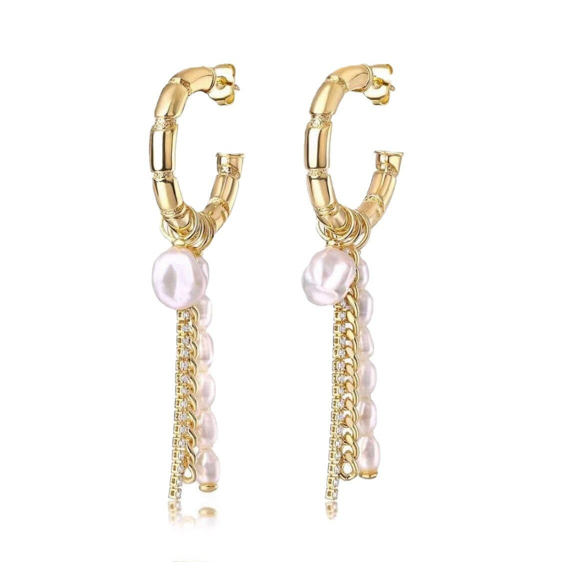 Skeletal C-Shaped Pearl And Chain Dangle Earrings